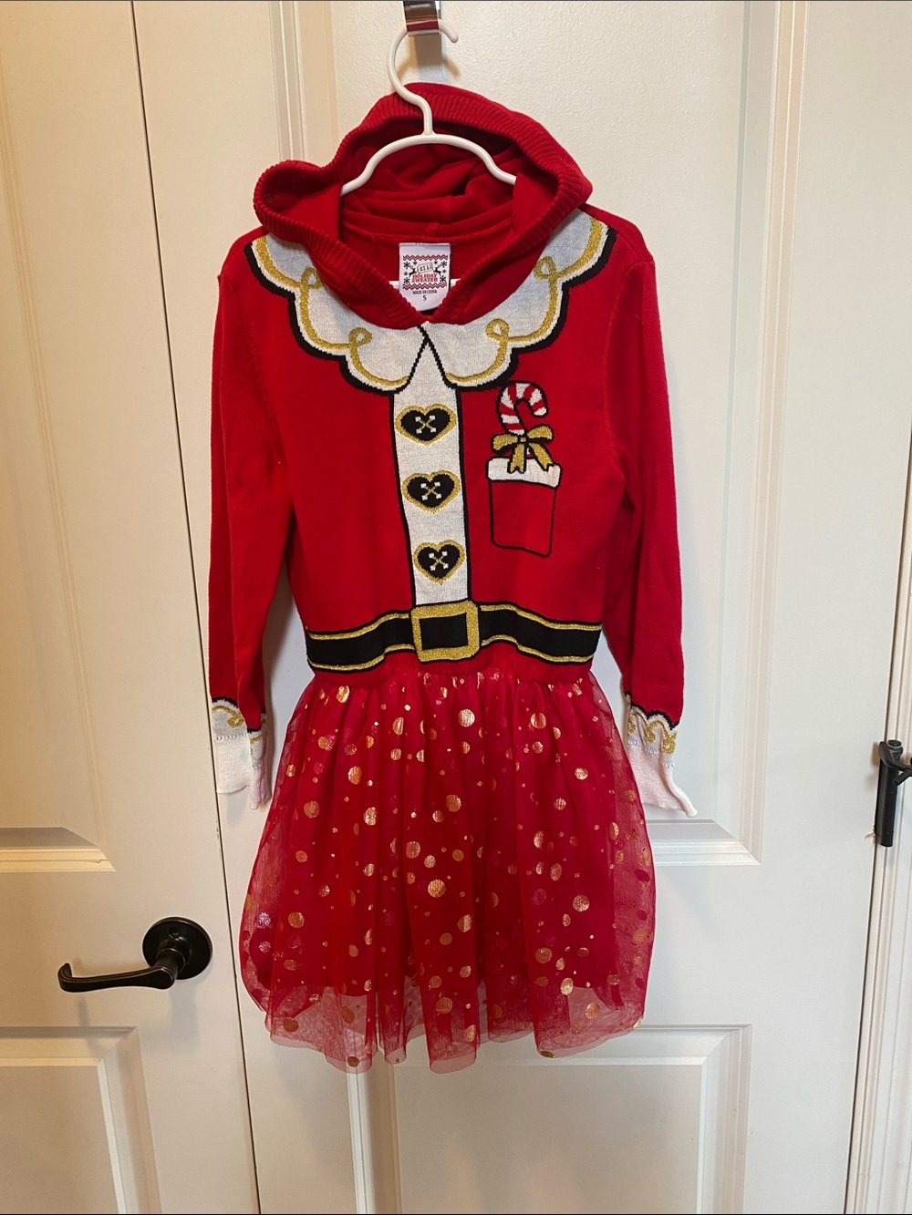 Girls Red Holiday Hoodie Dress with Gold Dot Tulle Skirt